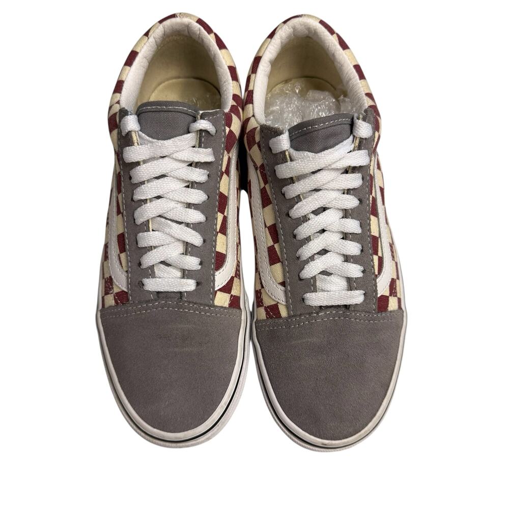 Vans Old Skool Checkered Skate Shoes Size 7 in White, Burgundy, and Gray